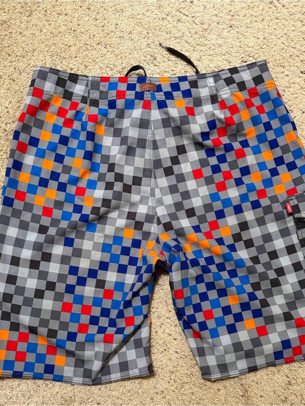 Vans Men’s Gray Checkerboard Swim Shorts with Blue, Red & Orange Accents - Picture 2 of 6